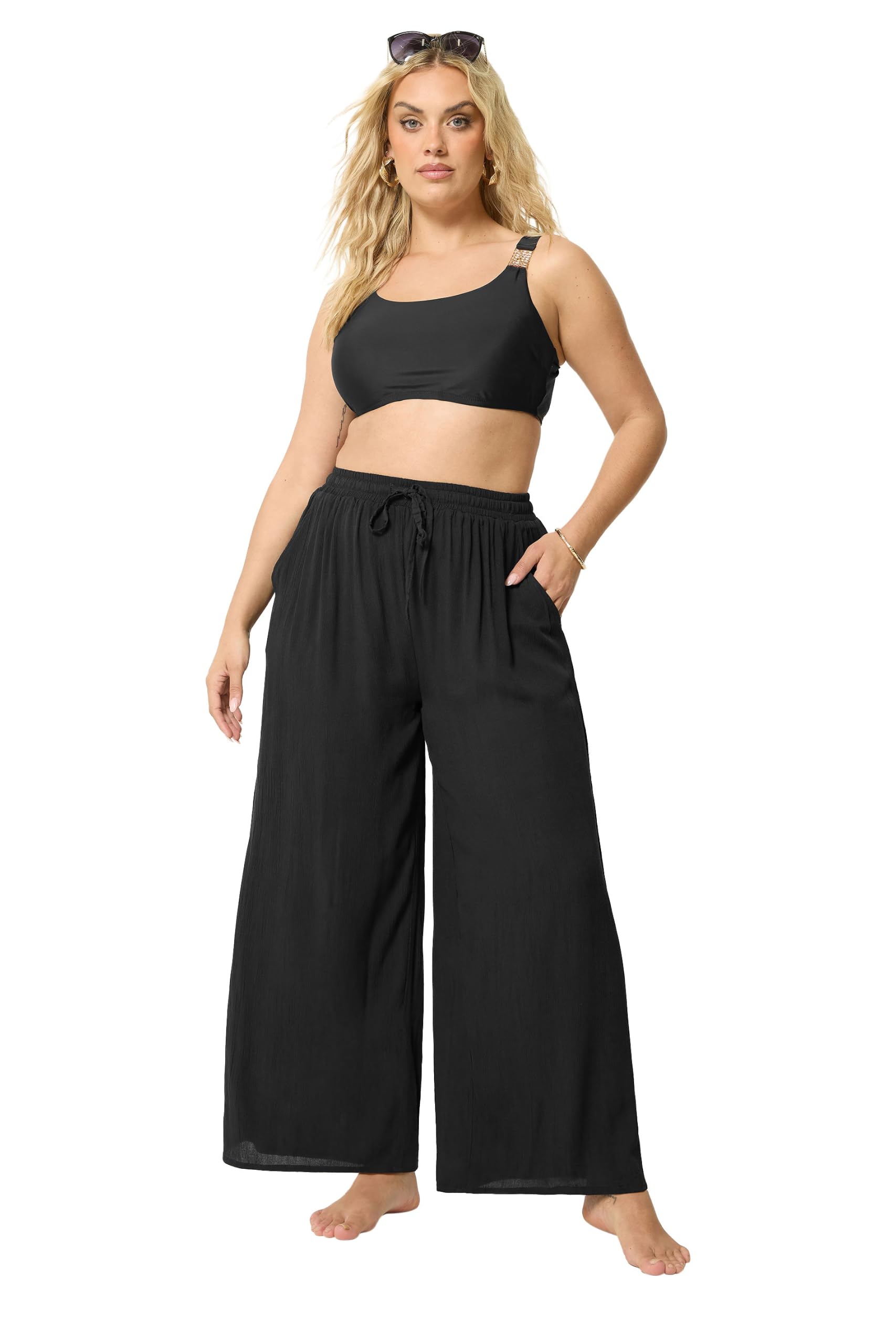Yours Women's Crinkle Texture Wide Leg Trousers in Black | Size: 14-16