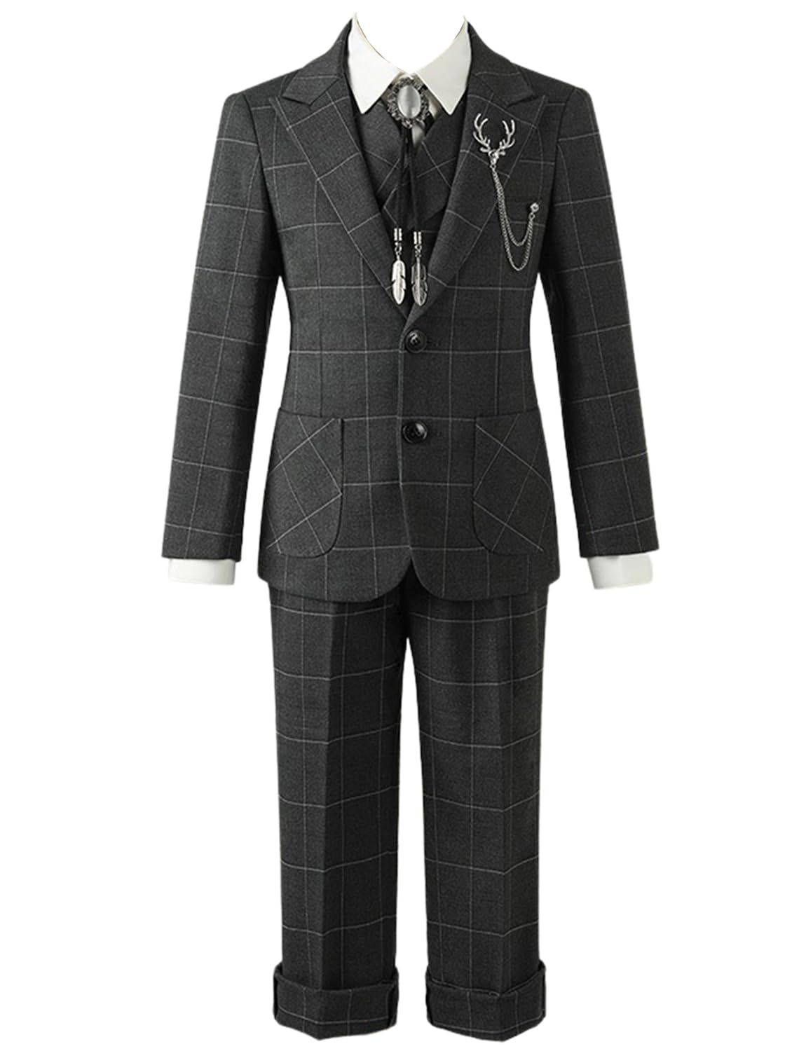 Jungen Plaid 3 Stück Anzug 2 Knöpfe Patch Pocket Jacke Weste und Hose Smokings
