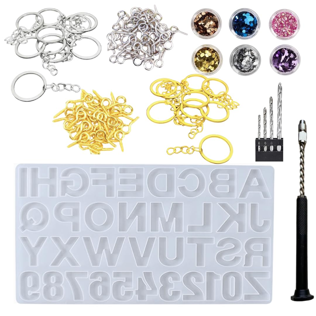 - 128 PCS Resin Silicone Alphabet Letter Number Mould with Glitter Sequins, Key Rings, Screw Eye Pins with Tools for DIY Craft