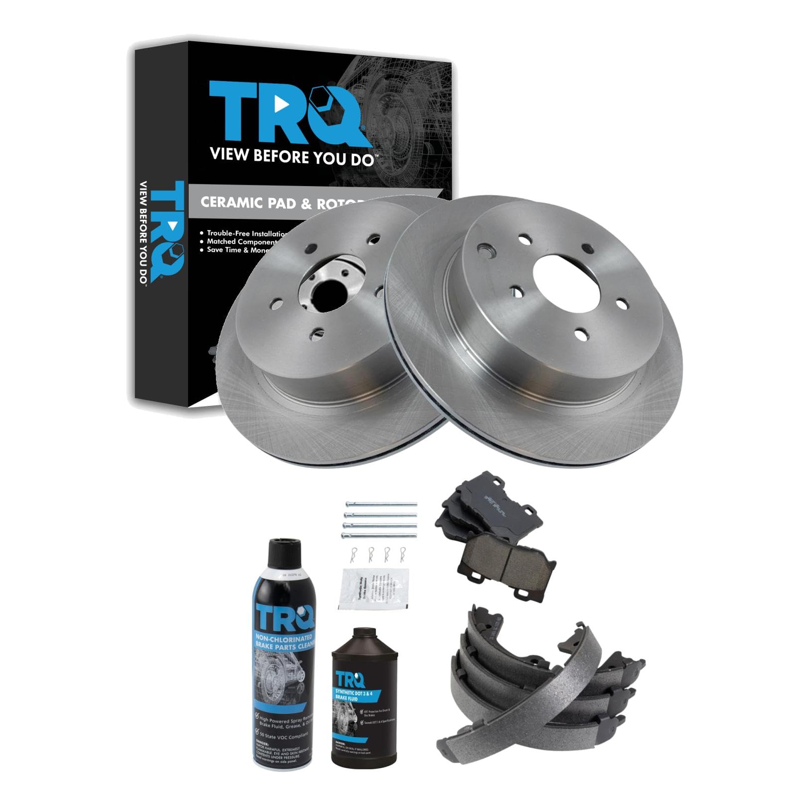TRQ Rear Brake Pad &amp; Rotor Kit, with Chemical Kit Parking Brake Shoe Set Ceramic Compatible with 2014-2017 Infiniti Q50 2017 Q60 Q70 2015-2019 Q70L 2014 QX70
