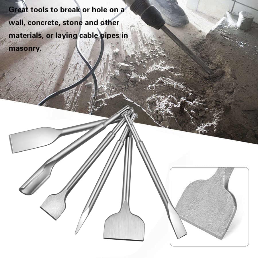 6-Piece Chisel Set for SDS Plus Bits Tile Grooving Scraping Flat Point Scaling Chisels Hammer Drill Tool Set for Tile Masonry Concrete Brick Stone Work 40Cr Steel Drill Bit Set w SDS Plus Shanks