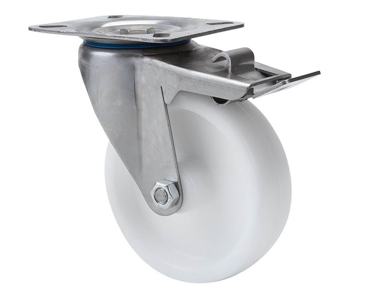 Satz je 2 Transportgeräterolle Bockrolle Lenkrolle totalfeststellbar Edelstahl 80 mm Rad aus Polyamid Anschraubplatte V2A INOX Edelstahlrolle mit Totalfeststeller Bremse Polyamidrad