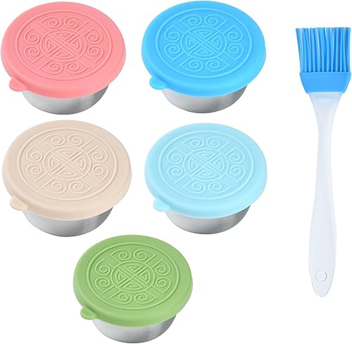 Vista 9 de 3 tazas de aderezo de acero inoxidable de 1.6 onzas con tapa de silicona a prueba de fugas, recipiente de salsa reutilizable, caja de condimentos