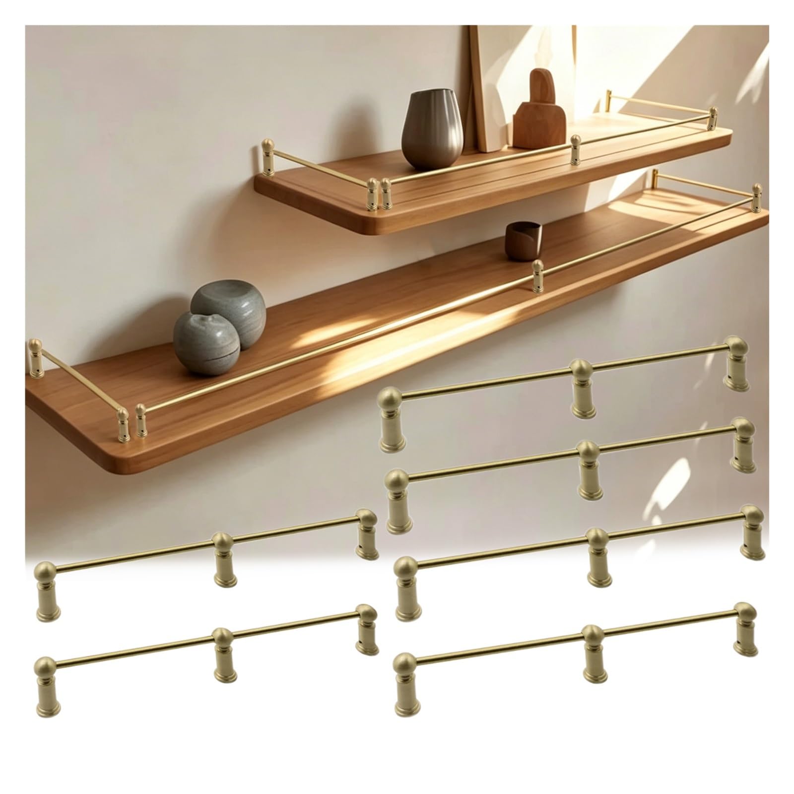 Brass Cabinet Safety Rail 20-158 cm, Customizable Length Anti-Fall Guard Rail Bar with Spindles & Screws, Decor Pole Guardrail for Kitchen Shelf & Wine Rack Organizer(6pcs,L 31"/78.7cm)