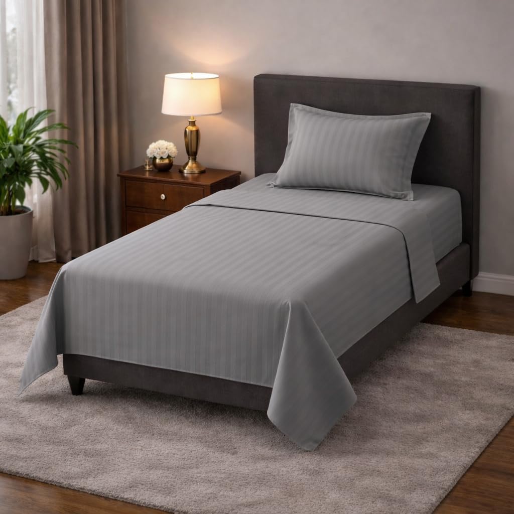 Premium 400 TC Grey Stripe Glace Cotton Single Bedsheet 60 X 90 in with 1 Pillow Covers 17 X 27 in-image-11