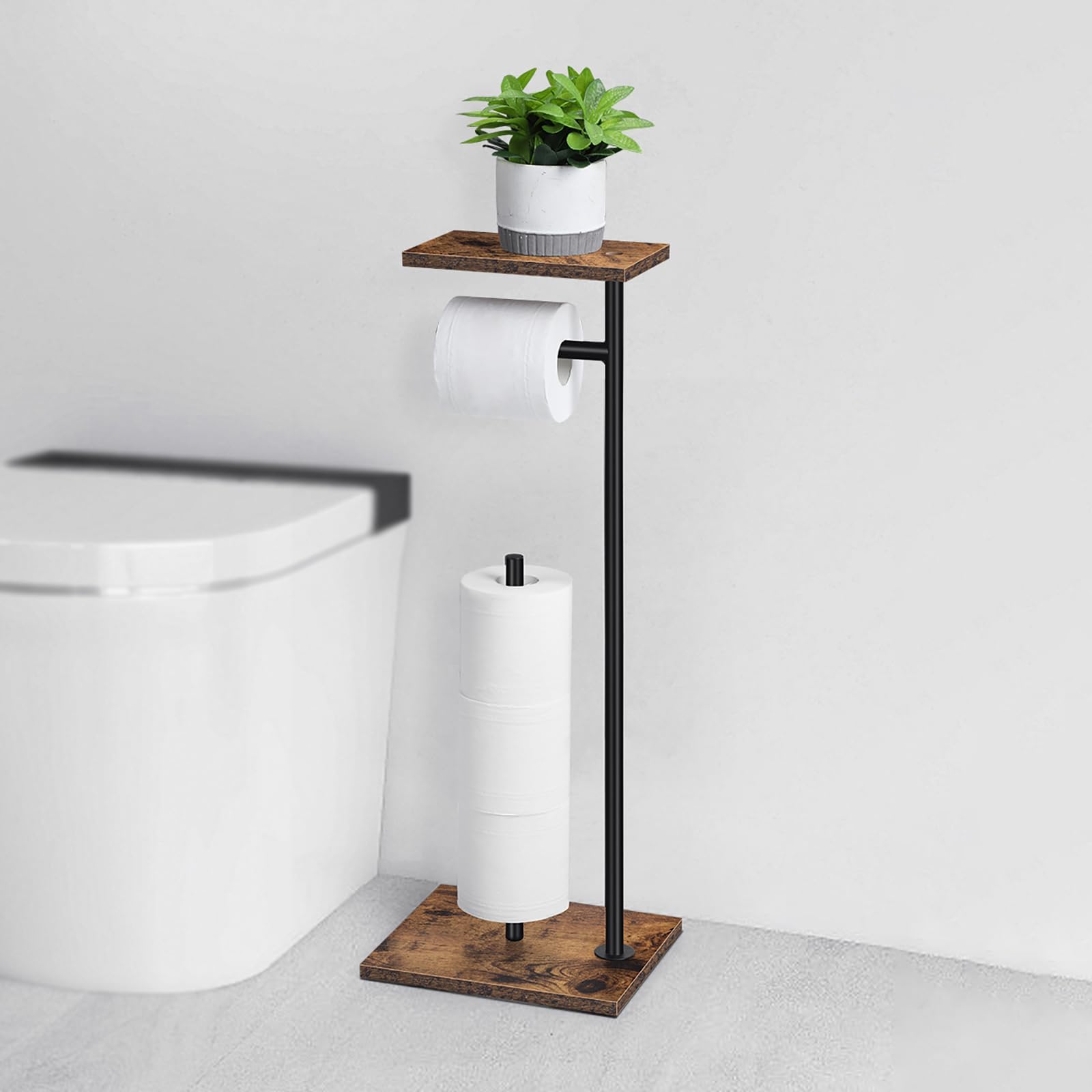 Toilettenpapierhalter Ständer mit Holzablage, freistehender Toilettenpapierhalter mit Telefonablage, Badezimmer-Ersatzpapier-Spender für 4 Reserverollen