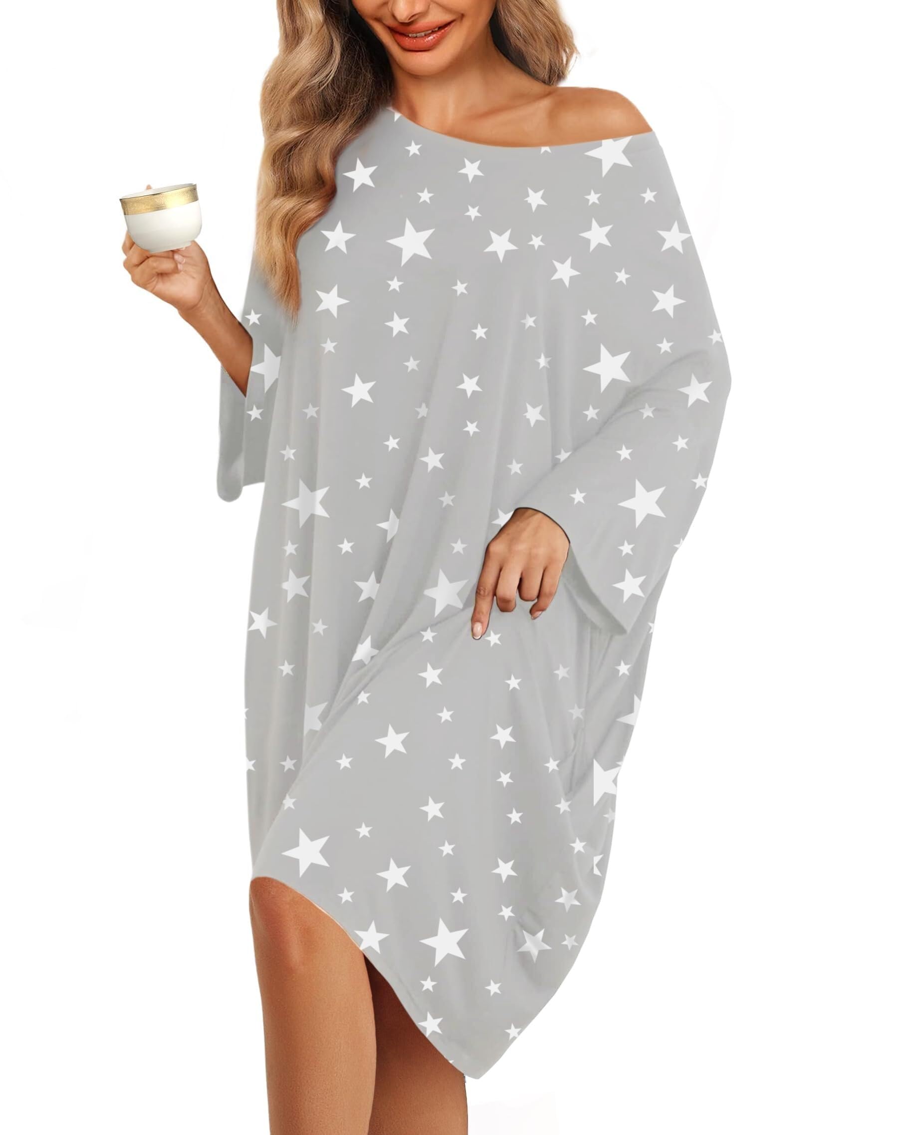Barley Direct Women's Stars Plus Size Nightgowns For Oversized Sleep Tshirts Dress Short Sleeves Sleepwear With Pocket Fit S-5Xl(Stars)