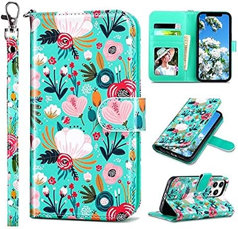 ULAK Compatible with iPhone 13 Wallet Case for Women, Premium PU Leather Flip Cover with Card Holder and Kickstand Feature Protective Phone Case Designed for iPhone 13 6.1 Inch, Mint Flower