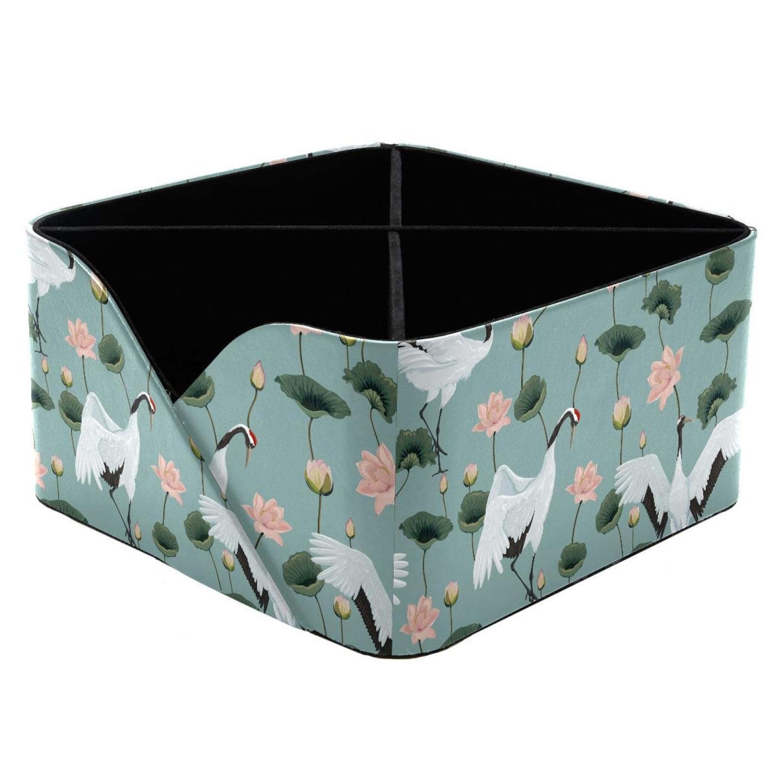 KengjuTesu Japanese Cranes and Lotuses Pattern Desktop Organizer Pen Holder, Rectangular Pencil Cup for Office, Study and Makeup Stations