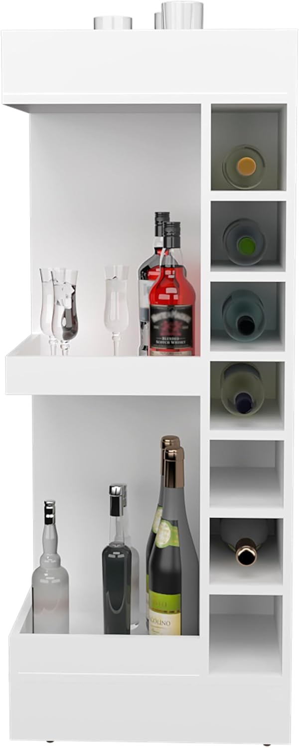 Tuhome Lyman 46" Tall Corner Bar Cabinet with Fourteen Wine Bottle Cubbies and Three-Tier Storage, Space-Saving Liquor Cabinet for Living Room or Dining Room, Modern Home Bar Organizer.