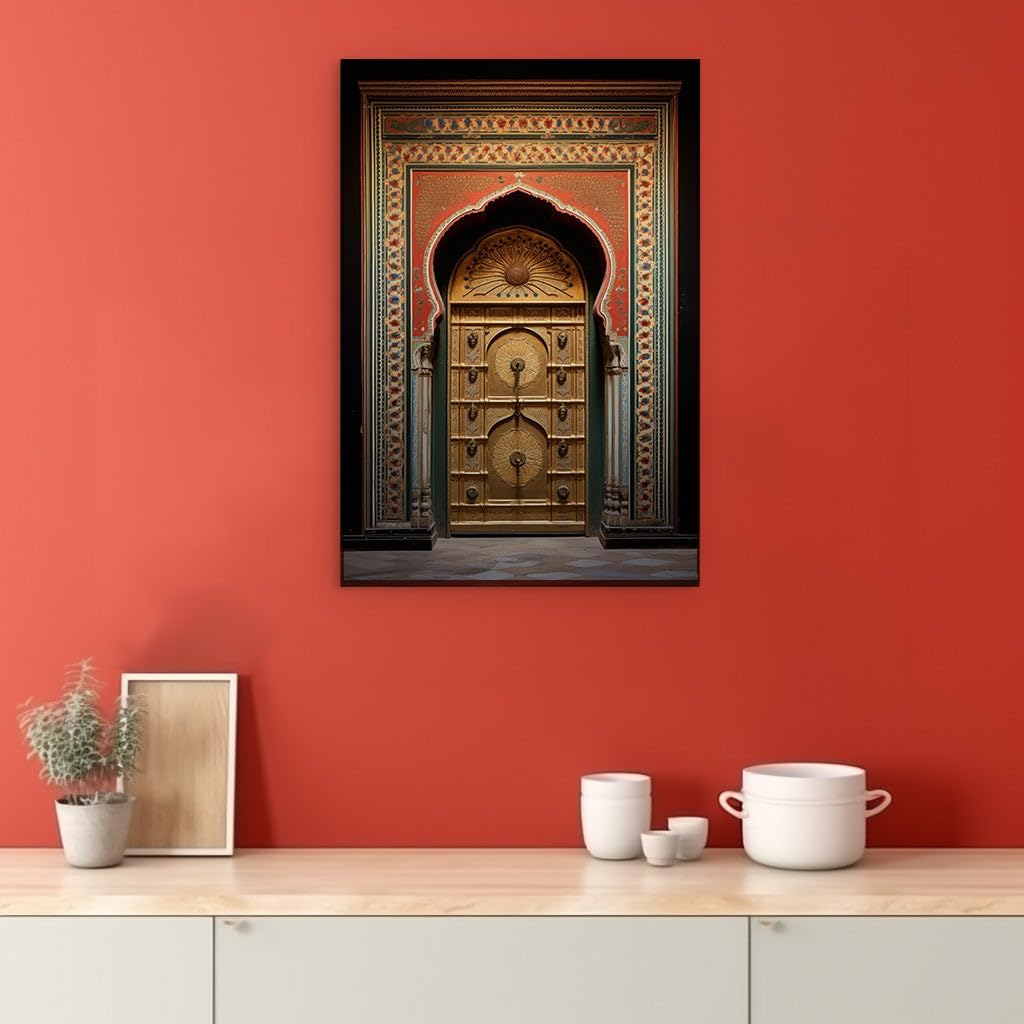 Canvas for Living room. Golden Grandeur: An Artistic Voyage Through the Intricately Designed Doorway, 27 x 18 inch Canvas Wall Art - Contemporary Masterpieces - Nature Home Decor