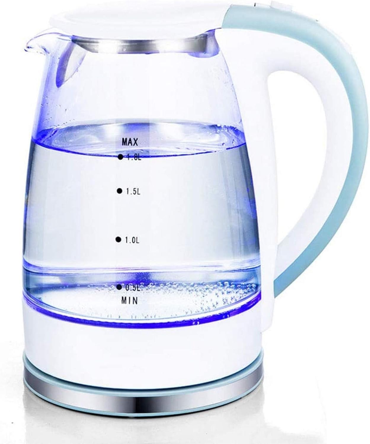 Amazon ガラス製電気ケトル、1.7Lエコウォーターケトル、照明付きLED付き、Bpaフリーコードレスウォーターボイラー、ステンレス