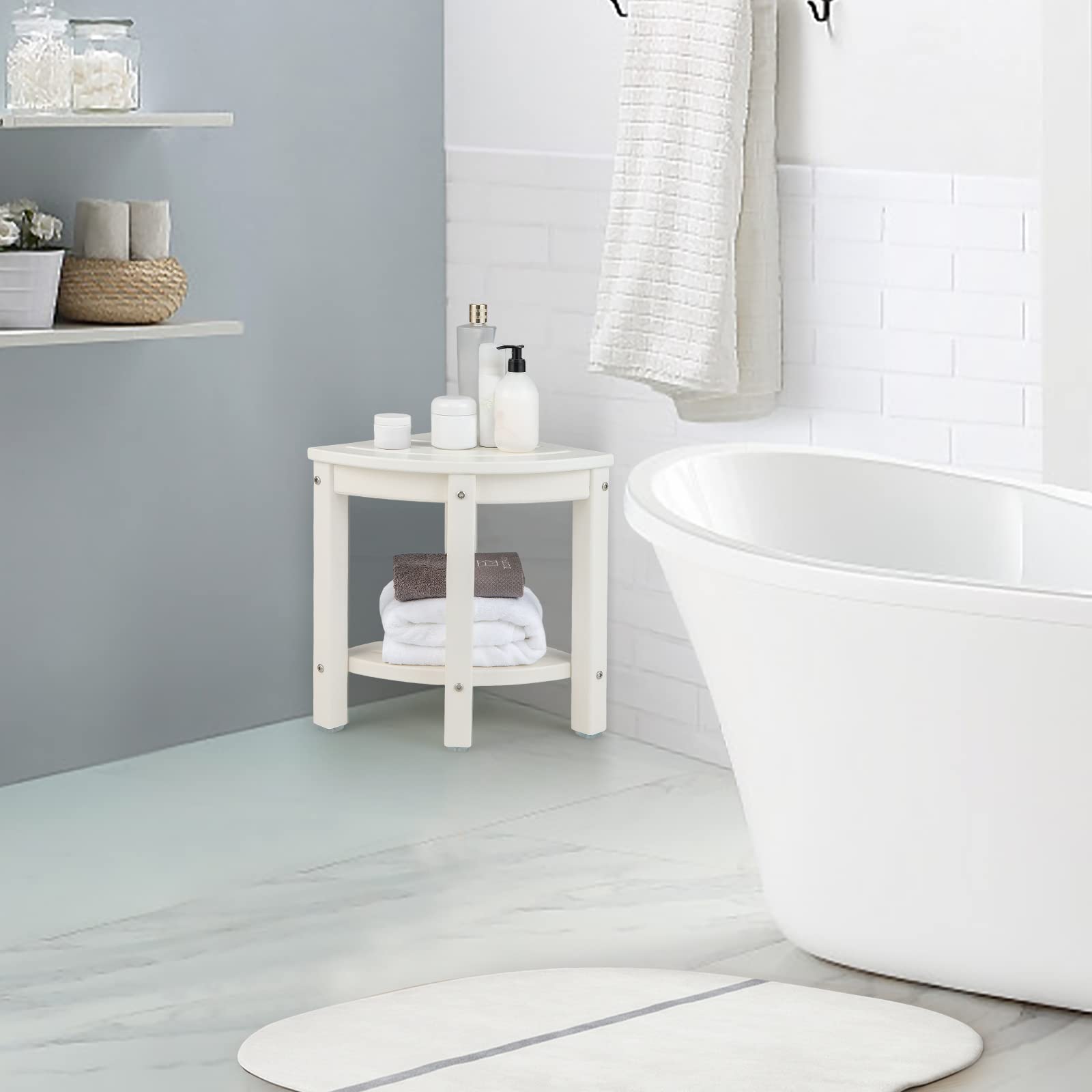 LIFEZEAL Taburete baño, Banco esquinero de Ducha de 2 Niveles con Almacenamiento, Banqueta de baño en Forma de Abanico, Estantería de Suelo de HDPE, Carga máxima 150 kg