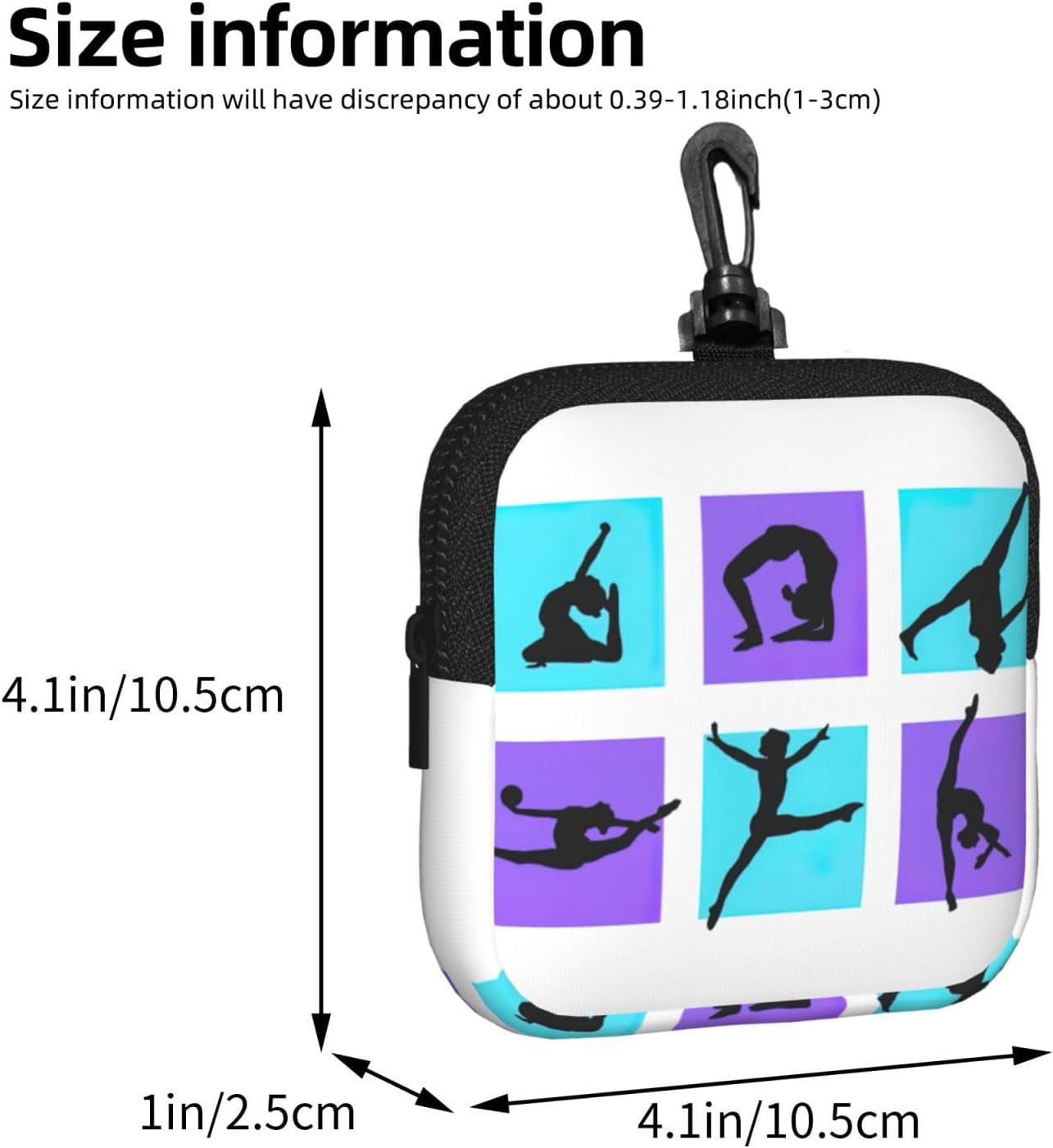 Gymnastics Game Print Square Zipper Storage Bag, Mini Travel Waist Pouch With Lobster Clip For Earbuds And Keys