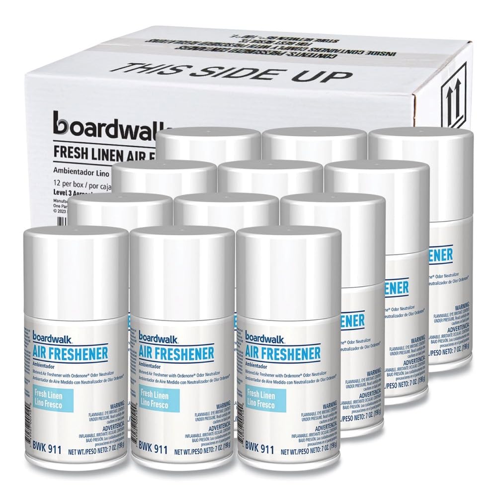 Boardwalk Metered Air Freshener Refill, 12-Pack, 7 oz Aerosol Spray, Fresh Linen Scent, Fits Most Standard Dispensers, Lasts For 30 Days