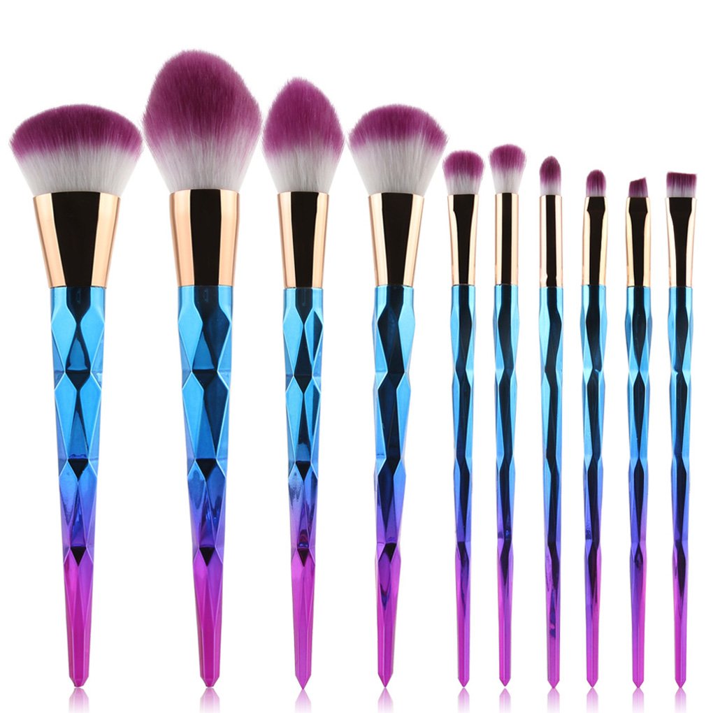 10 Pcs Unicorn Shiny Gold Diamond Makeup Brush Set Professional Foundation Blending Blush Eye Face Liquid Powder Cream Cosmetics Brushes (Blue)