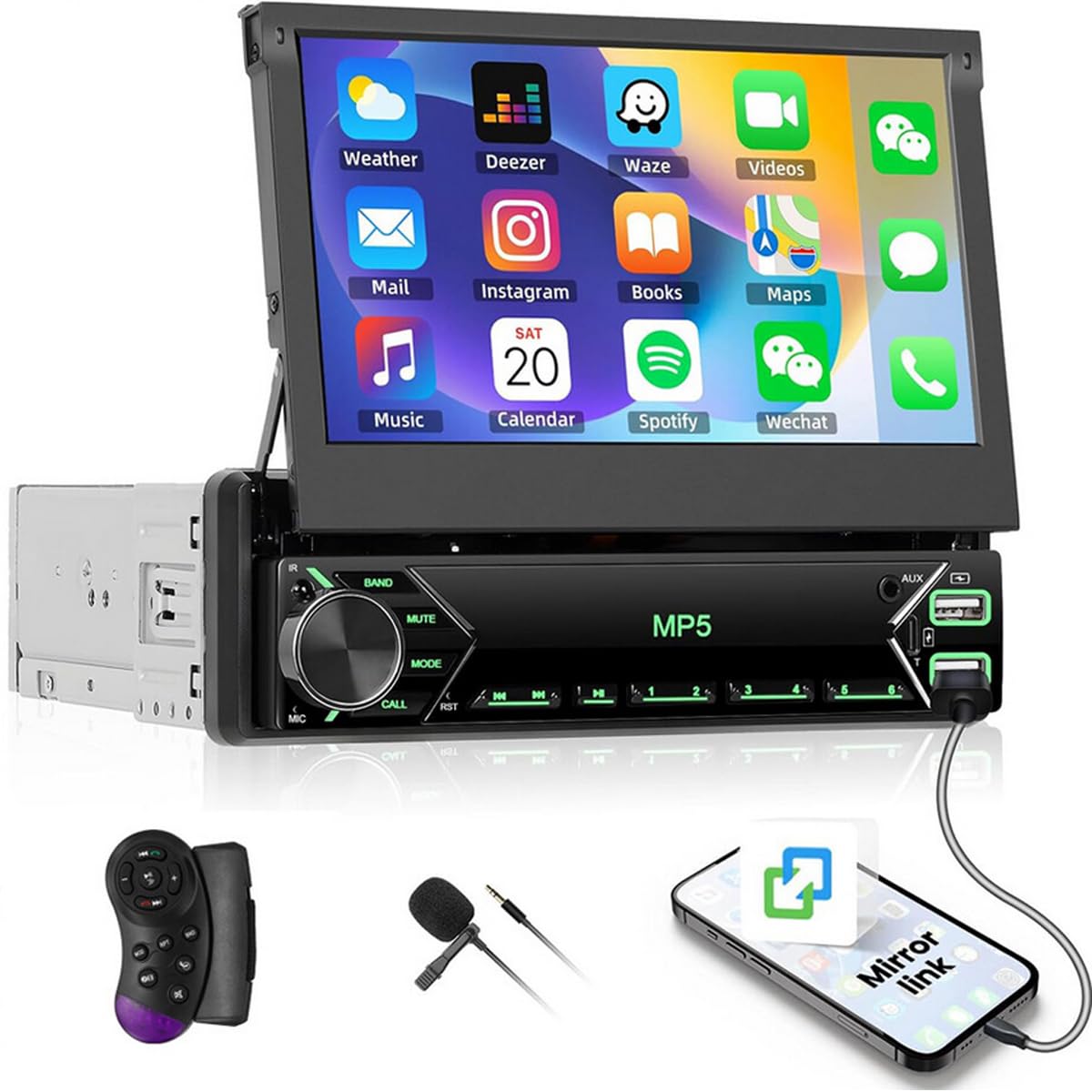 Autoradio 1 DIN Bluetooth, Schermo Retrattile da 7 Pollici Touchscreen Auto Stereo Mirror Link FM RDS USB Type-C AUX Microfono Telecamera di Backup