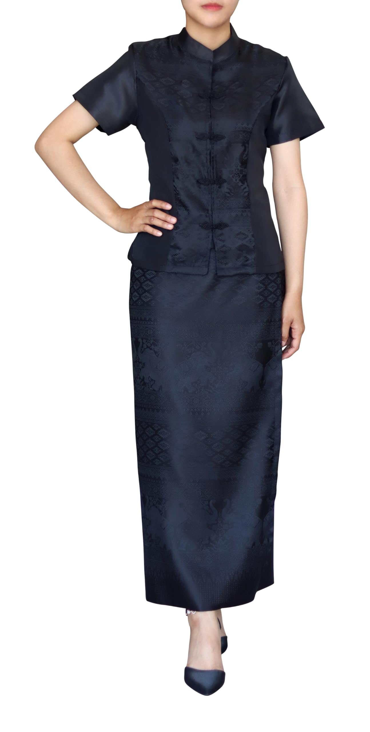 RaanPahMuang Luxurious Thai Silk Dress Chinese Front Cut Stitch Outfit