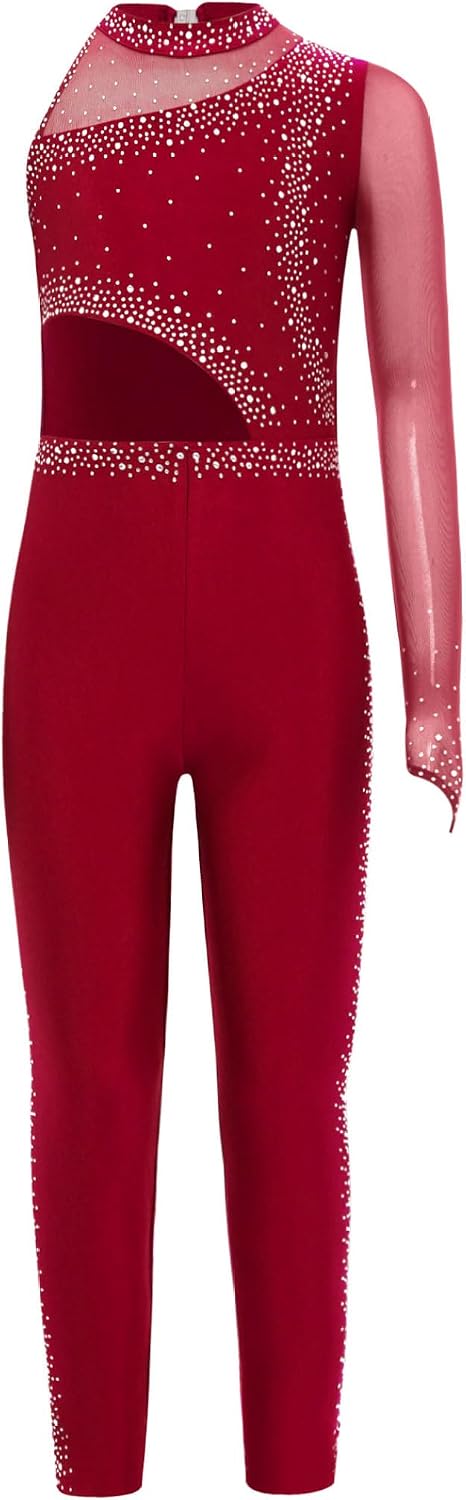 Kids Girls Full Body Unitard Gymnastics Leotard Sparkly Rhinestone Dance Catsuit Figure Skating Jumpsuit
