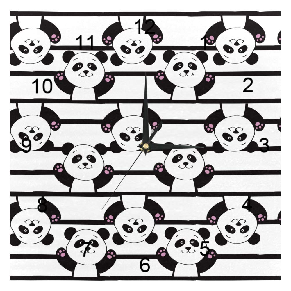 Horloge murale carrée moderne motif panda noire silencieuse 20 cm pour salon et bureau