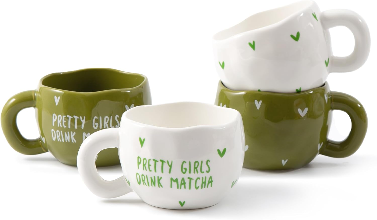 4pcs Cute Ceramic Coffee Mug, 9.4OZ White Green Porcelain Tea Mugs, Ceramic Cup Sets for Matcha Lovers, Dishwasher & Microwave Safe, Unique Gift(Matcha)