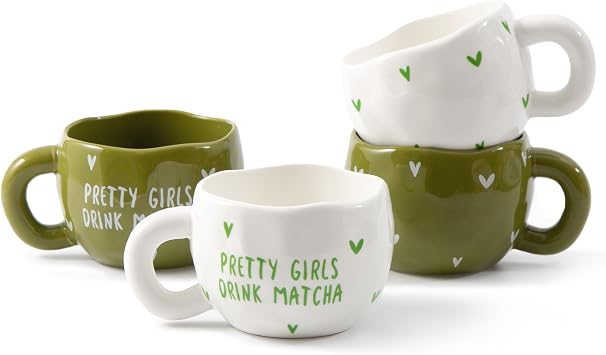 4pcs Ceramic Coffee Cups, 9.4OZ Cute Matcha Cup Set, Green & White, Dishwasher Safe Green Tea Mugs, Pretty Girls Collection