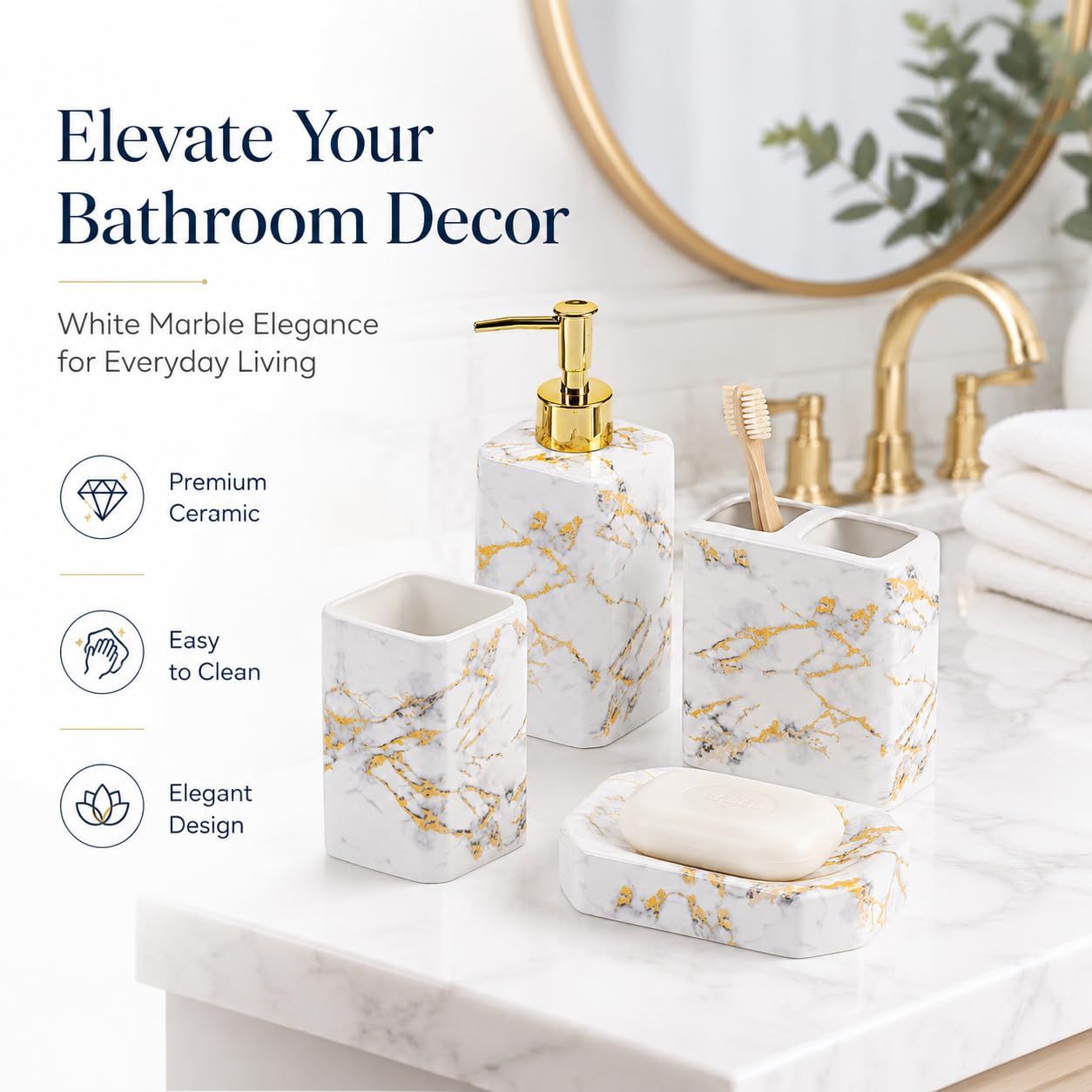 Juego de accesorios de baño de 4 piezas – El juego de accesorios de baño blanco incluye dispensador de loción, soporte para cepillo de dientes y jabonera, acabado brillante (mármol, blanco)