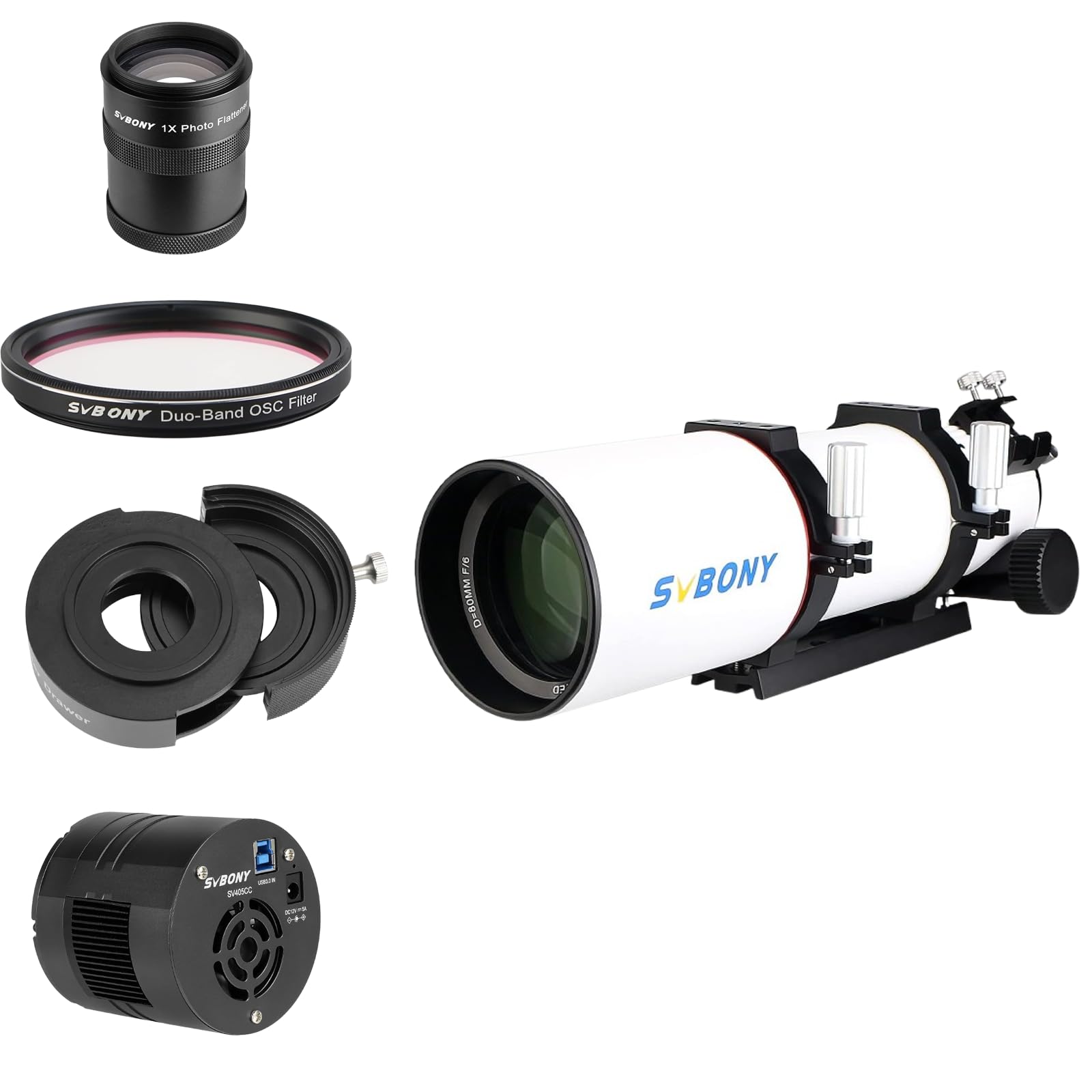 SVBONY SV550 80mm Triplet Apochromatic Deep Sky Telescope Kit, SV405CC Cooled Astrophotography Camera, SV226 Telescope Filter Drawer, SV220 2" 7nm Dual-Band Nebula Filter&amp;SV209 Field Flattener