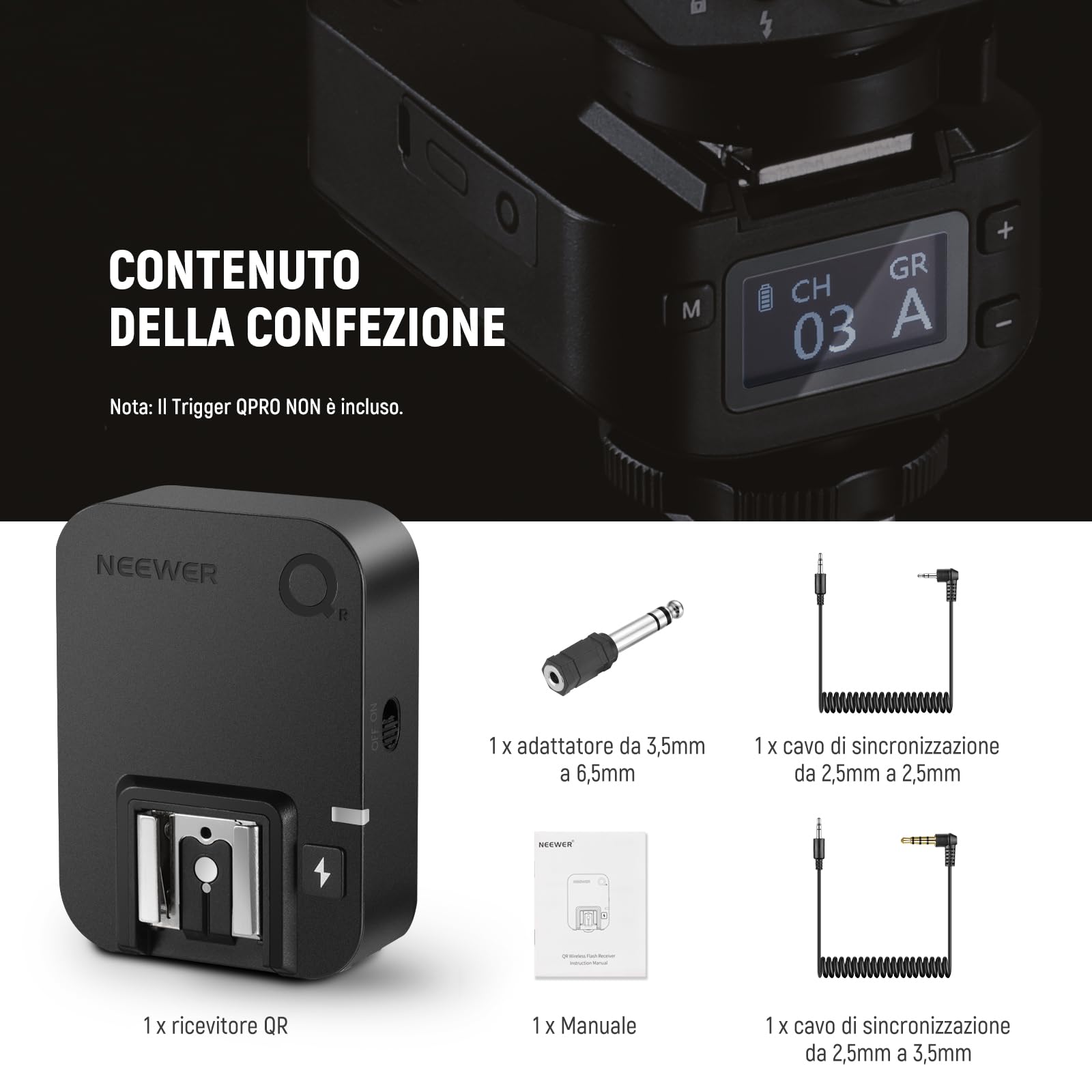 NEEWER Ricevitore di Flash Wireless QR 2,4G per NEEWER Trigger QPRO-C, QPRO-N, QPRO-S, Contatto Singolo con Porta Sinc 2,5mm, Filettatura 1/4", Compatibile con Godox Aputure NEEWER Vision4 ML300W S101