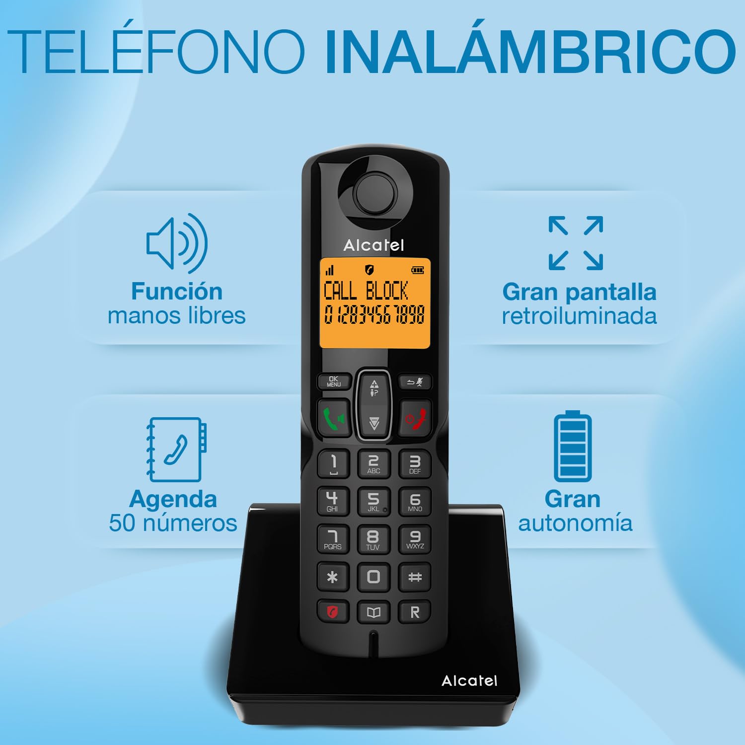 ALCATEL S280 - Teléfono inalámbrico DECT - Diseño Compacto - Pantalla Grande retroiluminada - Manos Libres - Bloqueo de Llamadas - Agenda 50 contactos - Negro - 2