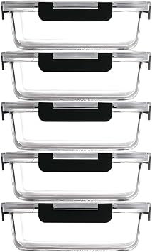 Glass Food Storage Container with Lid 5pcs, 1040ml Reusable Airtight Glass