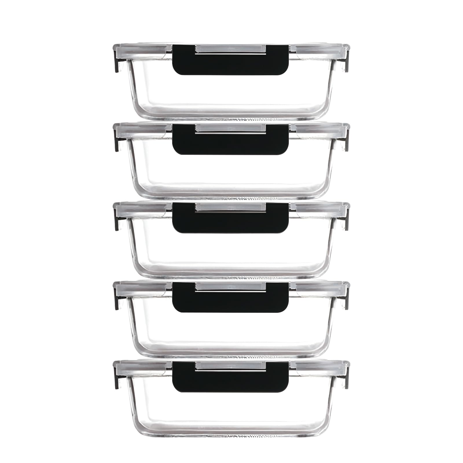Glass Food Storage Container with Lid 5pcs, 1040ml Reusable Airtight Glass Lunch Meal Container Stackable Tableware Organization and Storage, Safe for Microwave Ovens Refrigerators Dishwashers (Black)