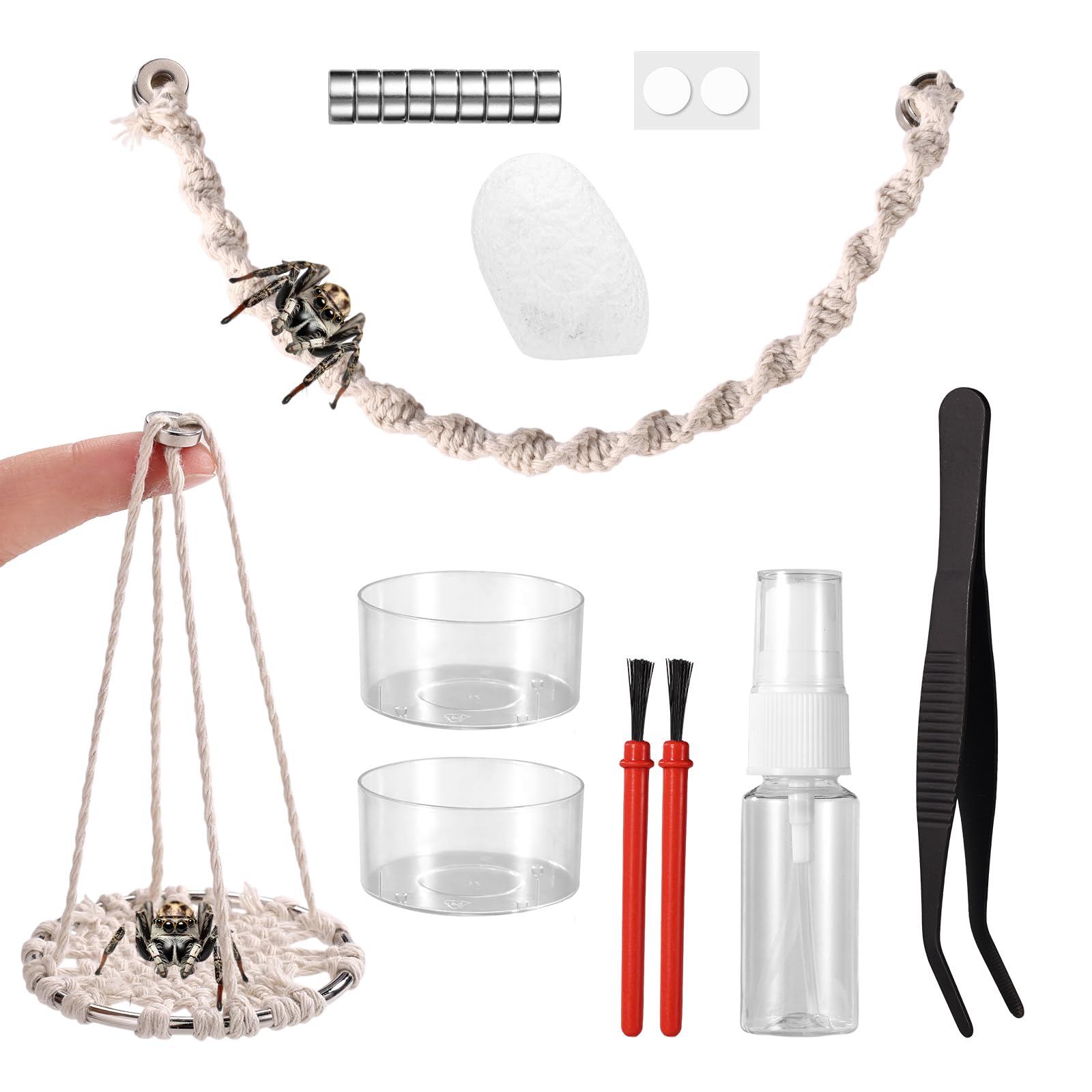 Sinbana 18pcs Jumping Spider Enclosure Accessories Set, Cotton Rope Swing Platform Swing with Nest Water Bowl Tweezers Spray Bottle Brush & Magnets for Jumping Spider Terrarium Decor