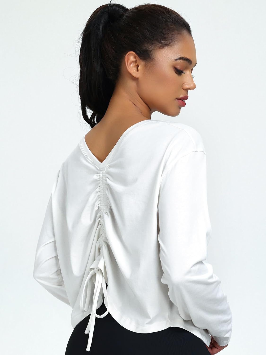 AARYA Athletic Shirts Women, Summer Long Sleeve Reversible Yoga Top with Drawstring Loose V-Neck Workout Shirt