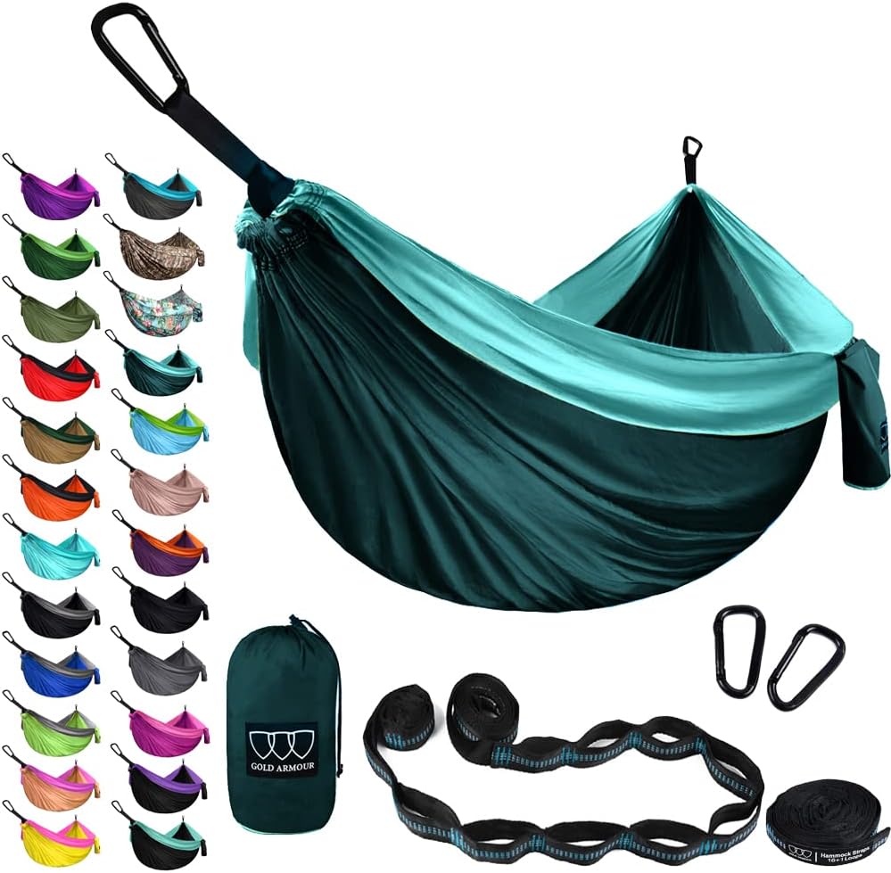 Gold Armour Camping Hammock - XL Double Hammock Portable Hammock Camping Accessories Gear for Outdoor Indoor with Tree Straps, USA Based Brand (Turquoise and Seafoam)