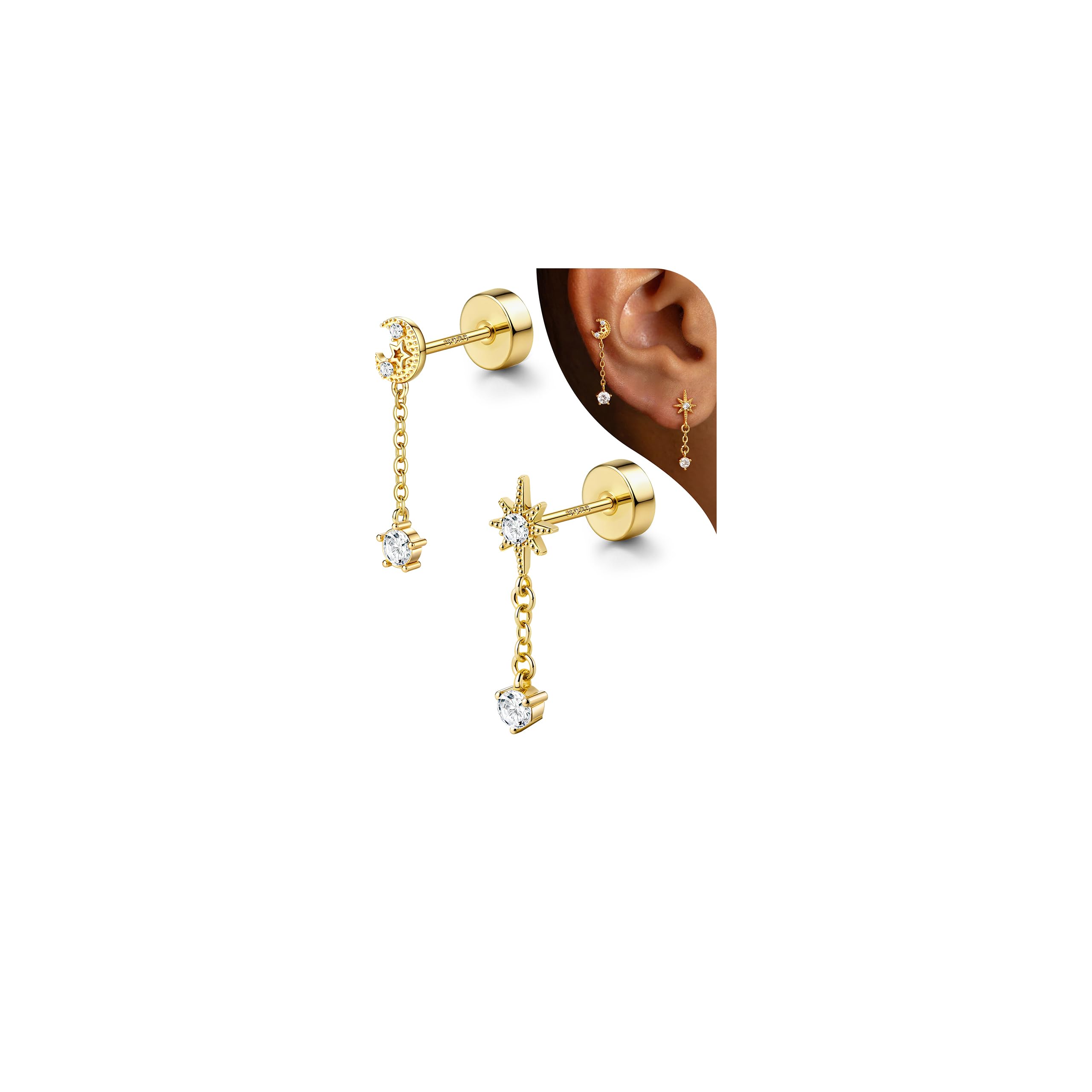 Adramata Ohrringe Silber 925 Knorpel Ohrringe Damen Flatback Ohrstecker Silber 925 Hypoallergen Tragus Helix Piercings Vergoldet Ohrring Stecker