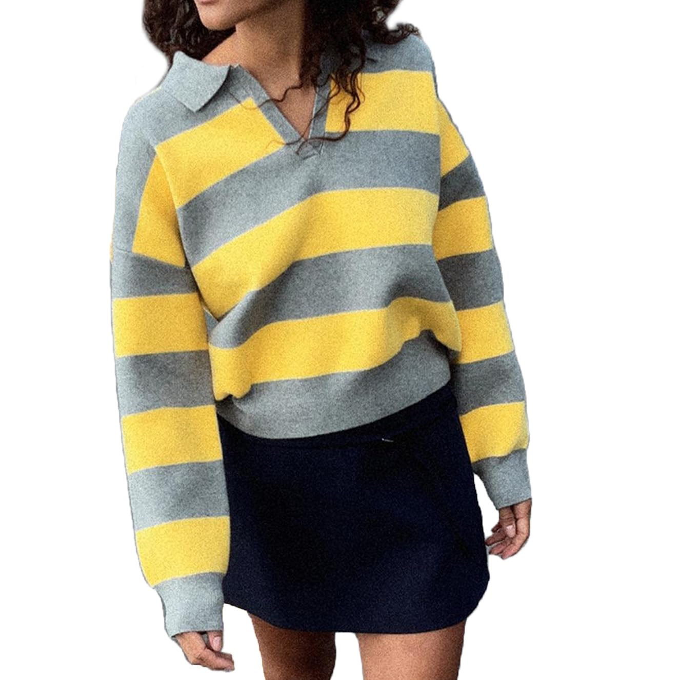 Mxiqqpltky Striped Sweater Women Casual Long Sleeve Button Polo Henley Sweatshirts Y2K Rugby Oversized Knit Tops Streetwear
