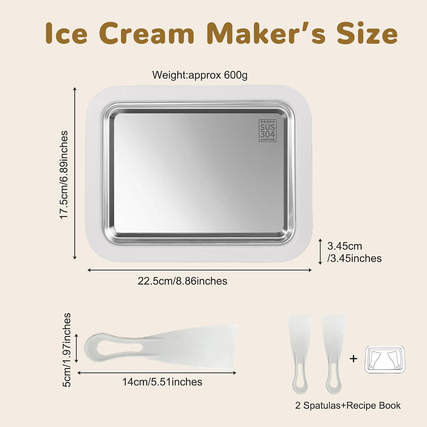 Rolled Ice Cream Maker Instant Ice Cream Roll Tray, DIY At-Home Ice Cream Pan Kit for Frozen Yogurt Sorbet, Fun Family Activity Dessert Machine with 2 Scrapers, 304 Stainless Steel, Mini, Ivory White