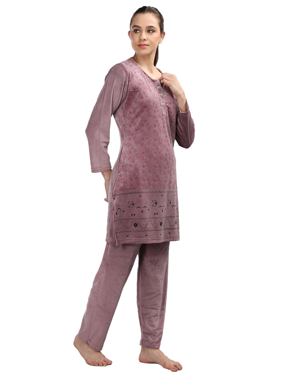 Duchess Women's Supersoft Velvet Printed Night Suit For Winter Wear, 2XL, Pink - Image 5 thumbnail