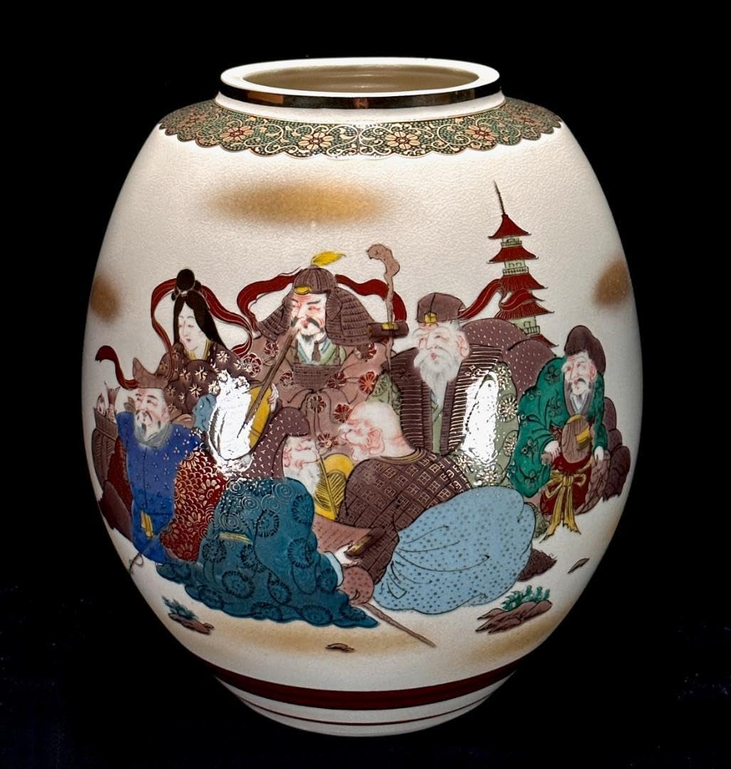 九谷焼 七福神 壺 ツボ 貫入 花瓶 花器 フラワーベース 恵比寿 大黒天