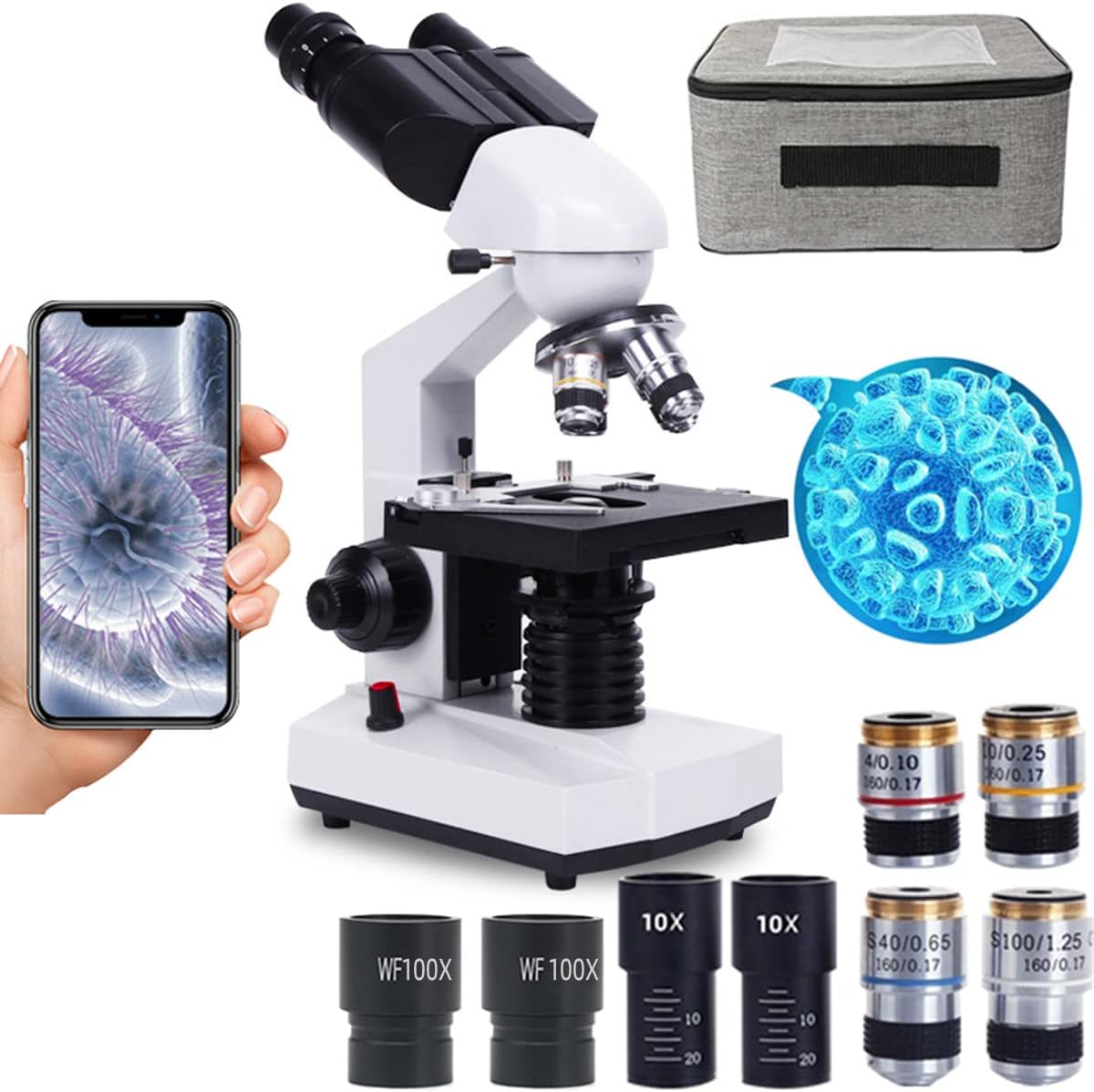 Microscópio Binocular HD 30000X/50000X/70000X 185 Lente Objetiva