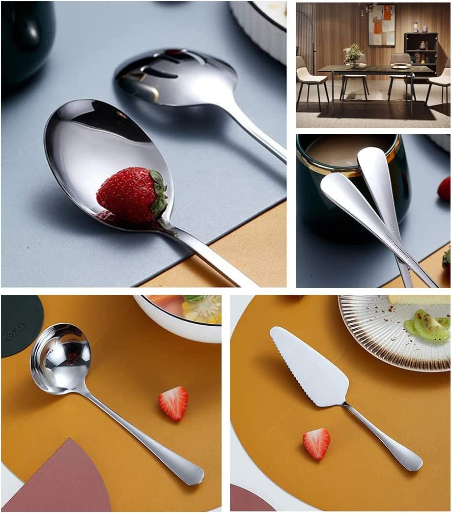 Set di Posate da Portata in Argento 10 Pezzi, Set di utensili da portata in acciaio inox con cucchiai grandi, forchette, mestoli per zuppa, sollevatore di torte e pinze per buffet