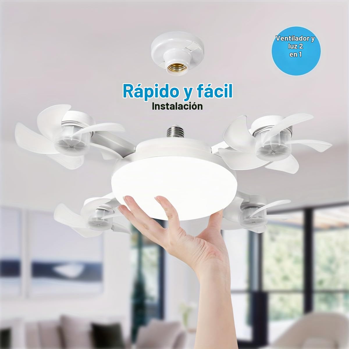 Ventilador de Techo con Luz LED Silencioso, 3 Velocidades y Aspas Retráctiles, Lámpara de Techo con Ventilador para Dormitorio, Salón, Oficina | Diseño Moderno, Control Remoto (Blanco, 4 cabezas)