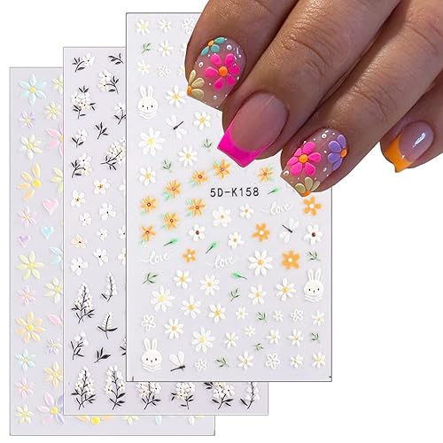 Calcomanías de arte de uñas en relieve de margaritas, 5D realistas de flores de primavera, suministros de decoración de uñas de verano 5D con hojas