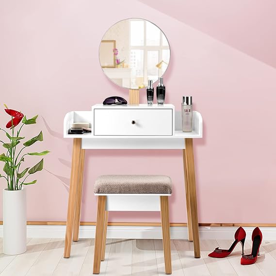 Vanity Table Set, w/Drawer &Side Storage, Dressing Table, w/Adjustable Height Rounded Mirror &Pine Legs, Girls Women Makeup Table &Stool Set, Ideal for Bedroom, Bathroom &Hallway, White & Natural.