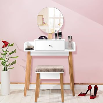 Vanity Table Set, w/Drawer &Side Storage, Dressing Table, w/Adjustable Height Rounded Mirror &Pine Legs, Girls Women Makeup Table &Stool Set, Ideal for Bedroom, Bathroom &Hallway, White & Natural.