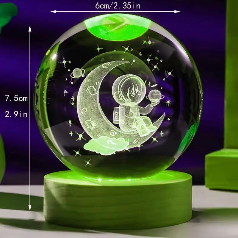 Image of 3D Galaxy Crystal Ball Night Lamp,Solar System, USB Table Colorful LED Wooden Crystal Ball for Home Decoration Birthday Gift for Teens Boys and Girls (Astro with Moon)