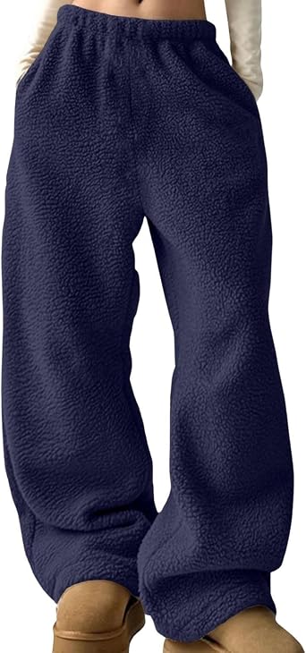 Womens Fleece Pants Elastic Waist Loose Fit Lounge Comfy Fuzzy Fall Winter Pants for Women Solid Color Casual Trousers with Pockets Pajama Bottoms Dark Blue L