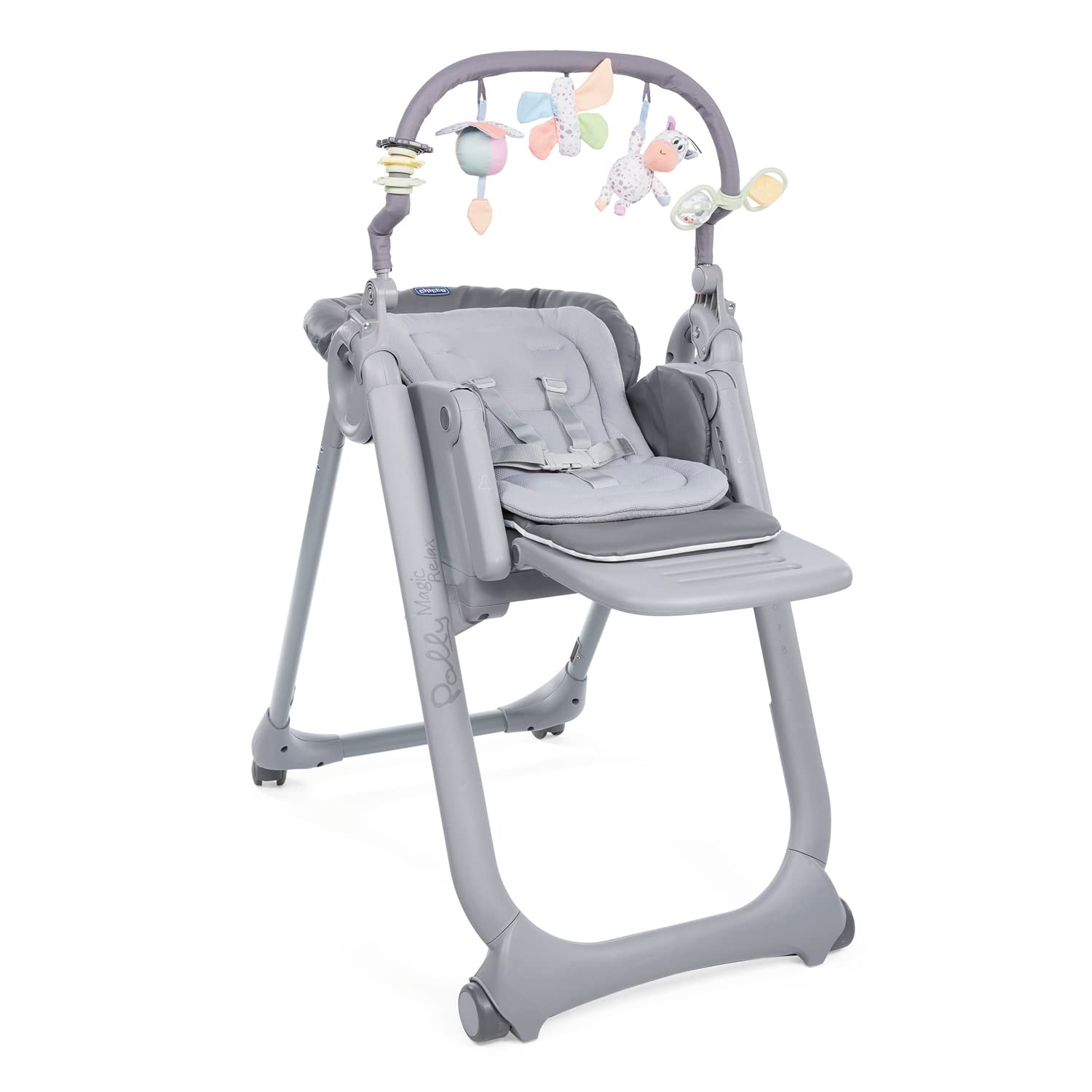 Chicco Polly Magic Relax Trona Evolutiva para Bebés y Hamaca Apta de 0 Meses a 3 Años (15 kg), Trona Compacta Totalmente Reclinable y Ajustable con 4 Ruedas, Barra de Juegos y Cojín Reductor - Gris