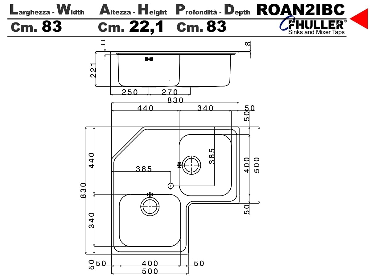 Lavello da Cucina ad Angolo, 83x83 cm, 2 Vasche in Acciaio Inox Spazzolato con Gocciolatoio